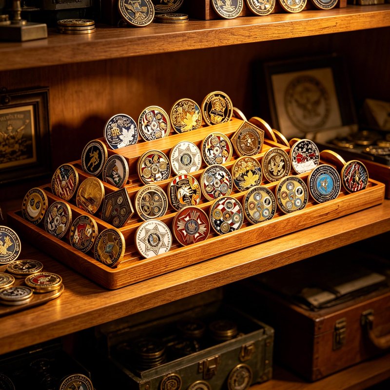 4-Tier Solid Wood Challenge Coin Display Stand - Walnut Collector's Organizer
