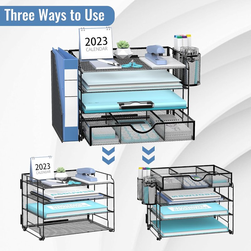 4-Tier Metal Desk Organizer with File Holder, Pen Storage, Drawer - Black