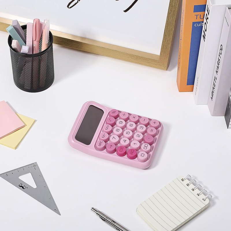 Pink 12-Digit Mechanical Calculator with Large LCD Display and Big Buttons