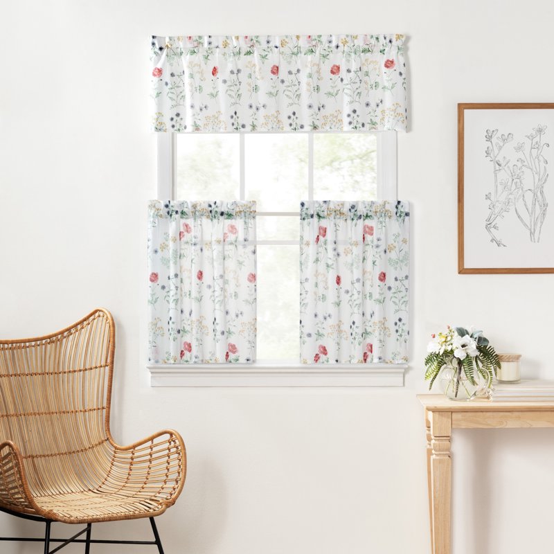 Indoor Floral Tier Set for Windows & Kitchen - Semi Sheer, 2 Piece, Multi-Color