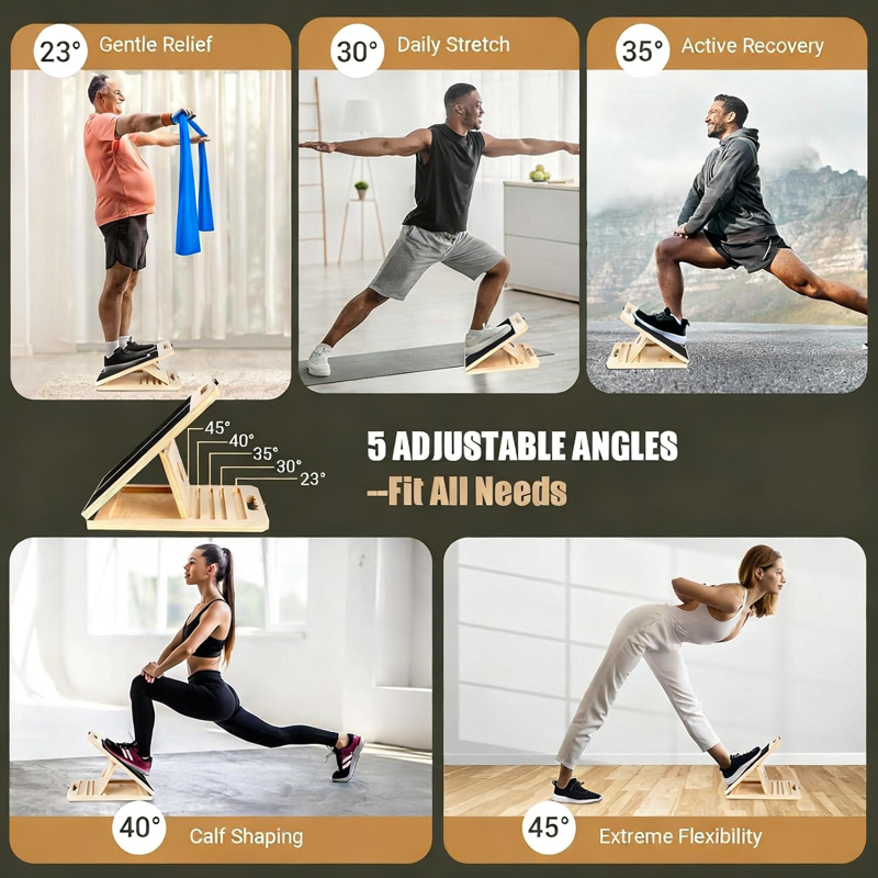 Adjustable Wooden Calf Stretching Board with Resistance Bands - Physical Therapy & Injury Prevention