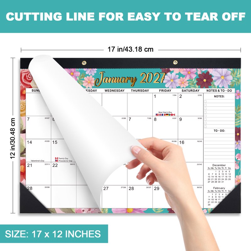 Large 2027-2028 Desk Calendar 17x12 Inches with To-Do Notes & Cover
