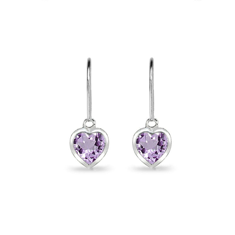 Sterling Silver Heart Bezel-Set Dangle Earrings with 6mm Amethyst Gemstone - Dainty Birthstone Jewelry for Women & Teens