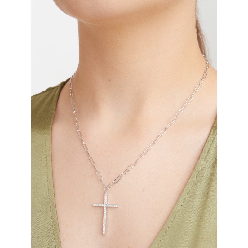 Sterling Silver Paperclip Necklace with CZ Cross, 18" + 2" Extender