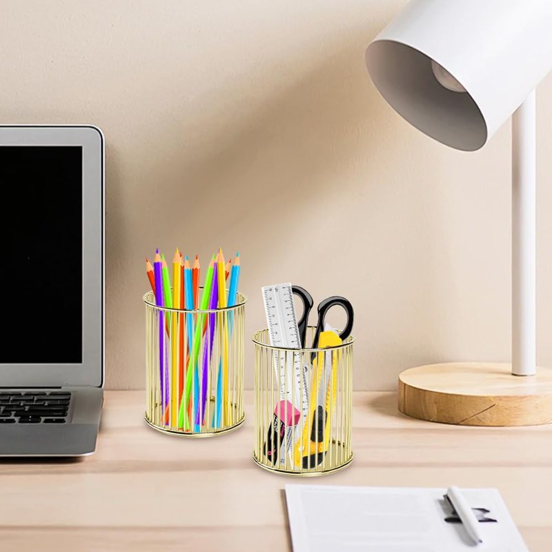 Gold Metal Pen Holder Set - Desk Organizer for Office & Makeup