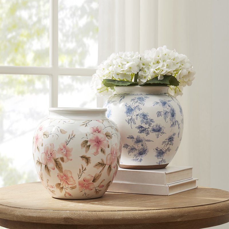 Farmhouse Blue Floral Ceramic Vase 8 Inch Round Indoor Decor