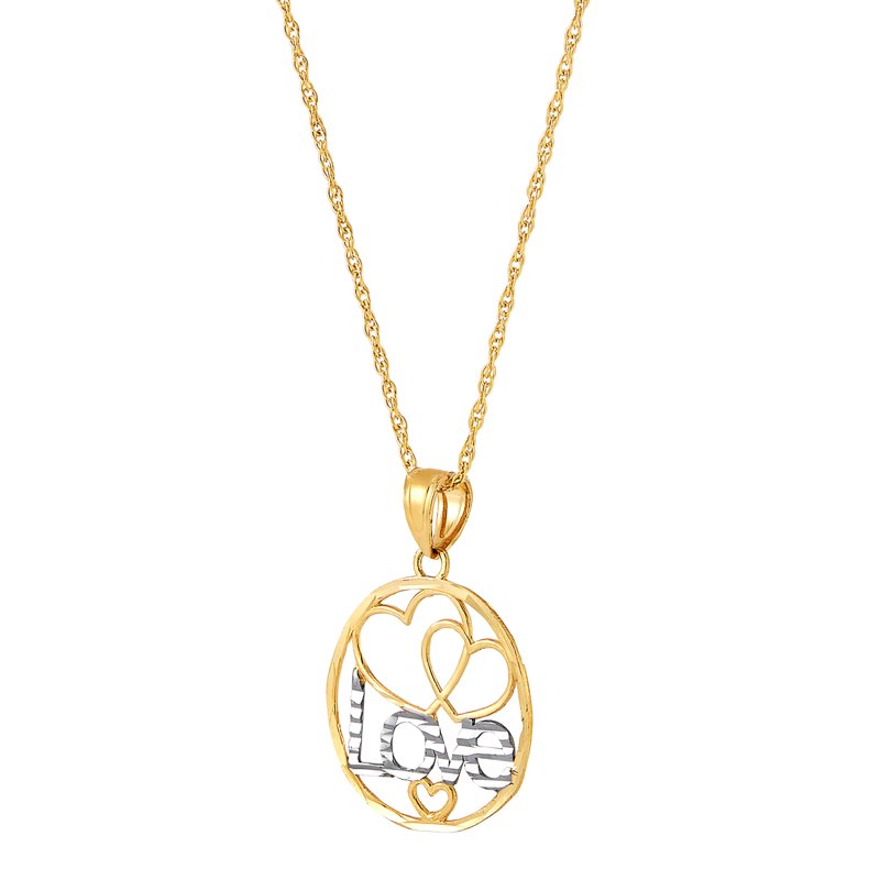 10K Yellow Gold Rhodium Love Hearts Circle Pendant Necklace - 18 Inch Chain