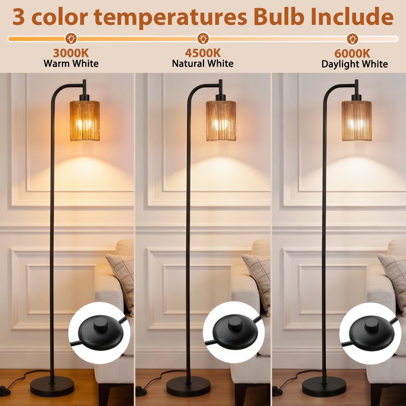 66-Inch Rattan Floor Lamp with 3 Color Temperatures - Boho Standing Lamp for Living Room, Bedroom, Office, Black