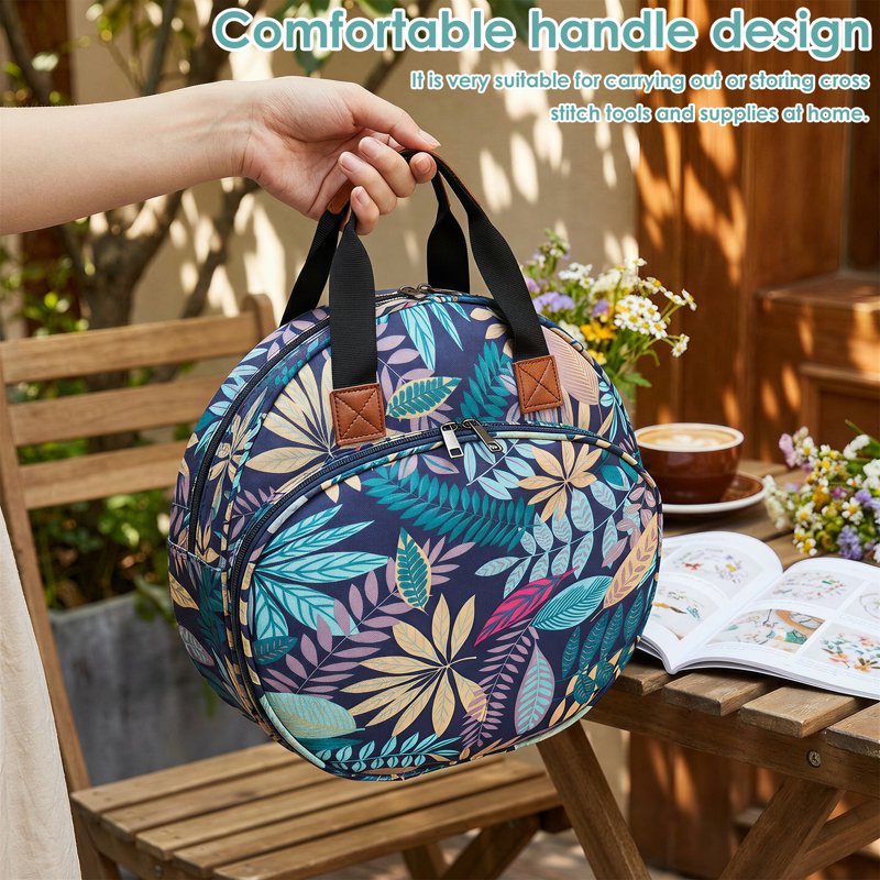Embroidery Project Bag with Multiple Pockets and Round Hoop Storage - Carrying Tote for Floss and Thread