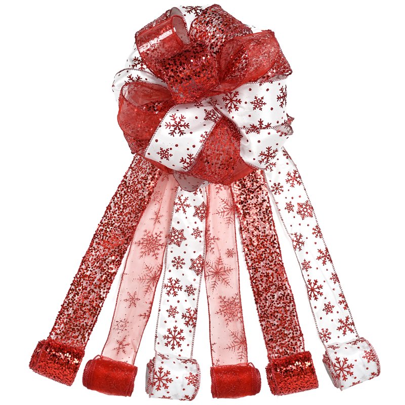 Christmas Tree Topper Bow with Glitter & Streamer Tails - Holiday Decor