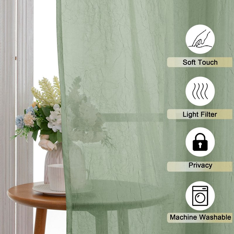 Sage Green Crushed Valance Curtains 2 Pack - 42x14 Inches, Rod Pocket, Lightweight Window Drape
