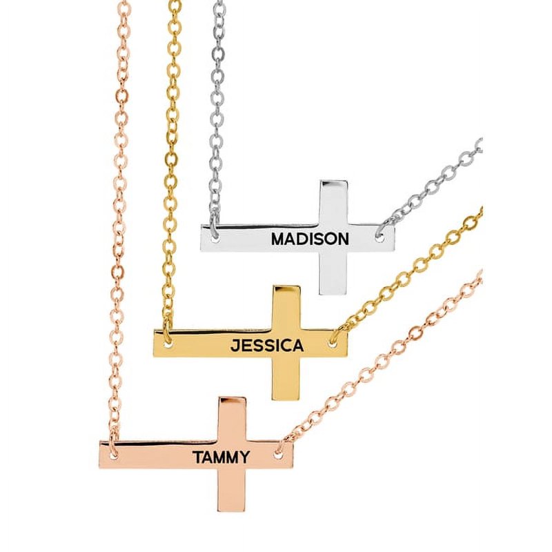 Personalized Sideway Cross Necklace with 18" Chain - Custom Engraved Faith Jewelry