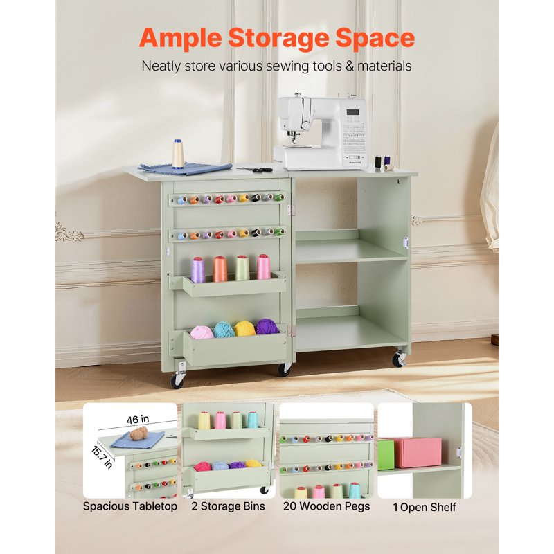 Foldable Sewing Table with Storage - Compact Craft Workstation, Green