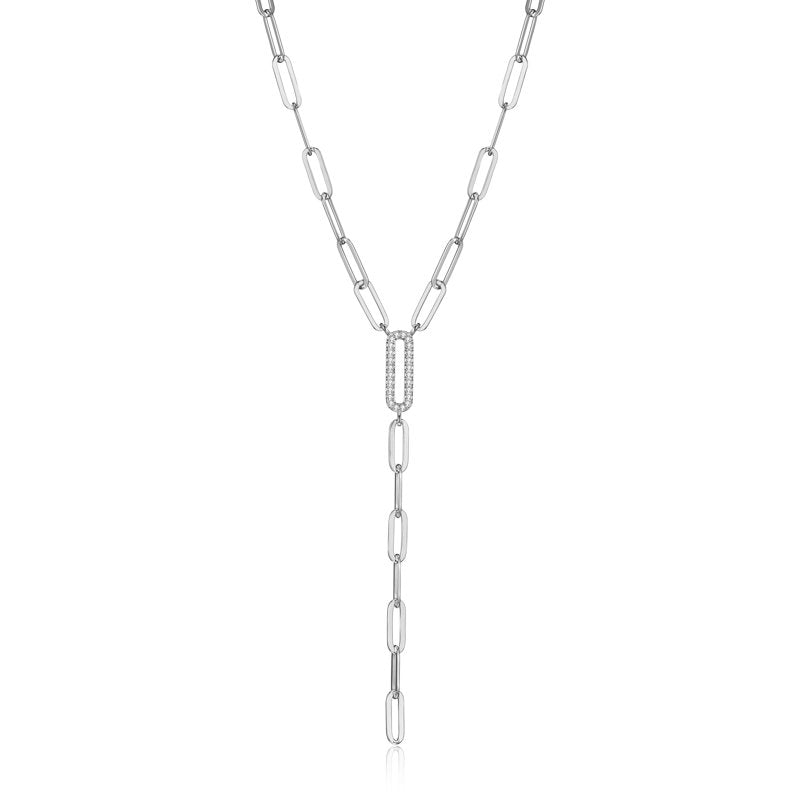 Sterling Silver CZ Paperclip Necklace 18" + 2" Extension Lariat Jewelry