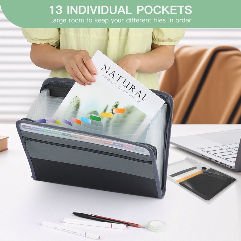 Accordion File Organizer with Zipper - 13-Pocket Waterproof Document Bag for Office & Home