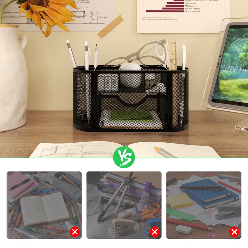 Desk Organizer with Drawers and Pen Holder - Mesh Office Storage, Black
