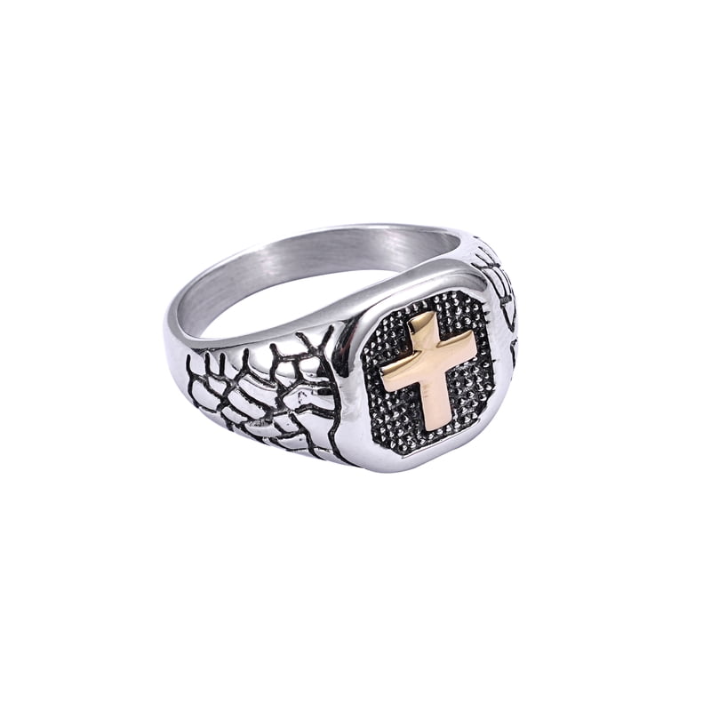 Men's Two Tone Textured Cross Signet Ring Stainless Steel Religious Jewelry