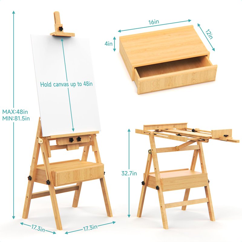Large Beech Wood Artist Easel for Painting - Adjustable Studio Stand with Drawer & Storage Tray, Holds Up to 48 Inches