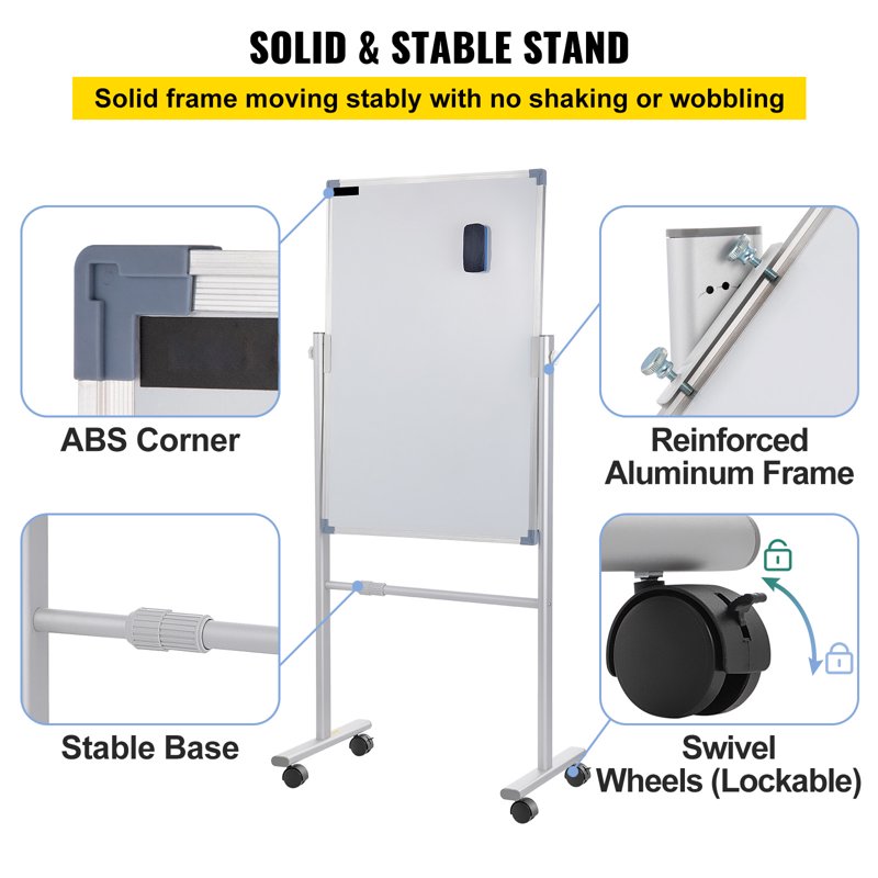 Magnetic Double-Sided Whiteboard with Adjustable Height & Mobility