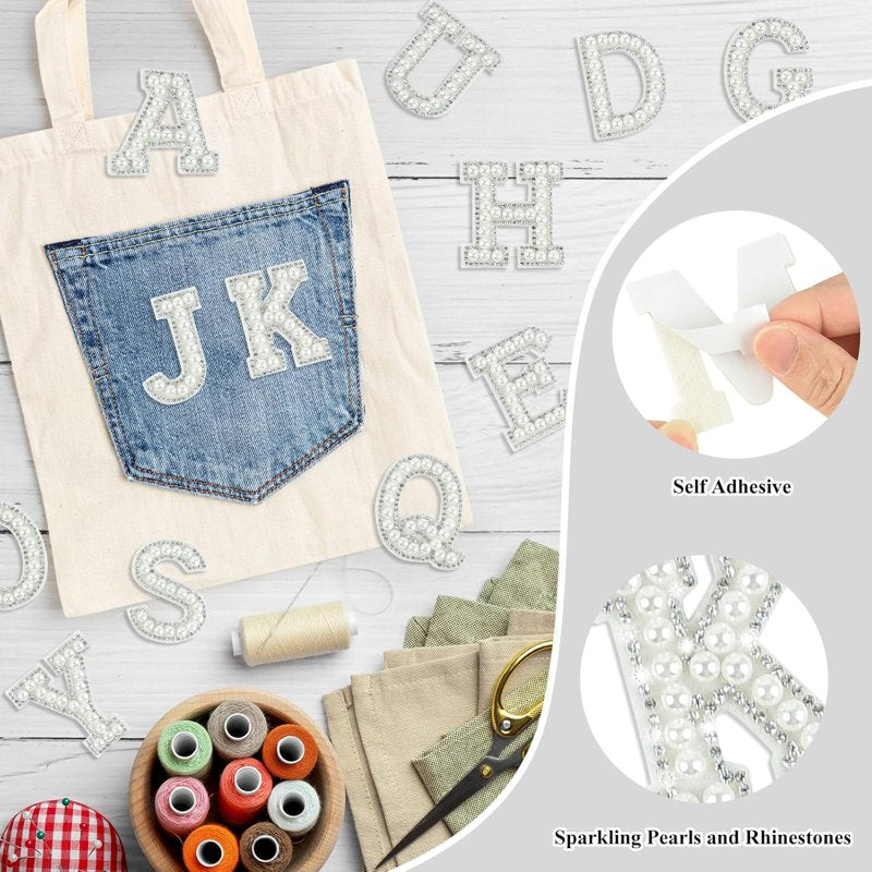 Pearl Rhinestone Letter Patches 26-Pack Self-Adhesive Fabric A-Z Stick-On Embellishments
