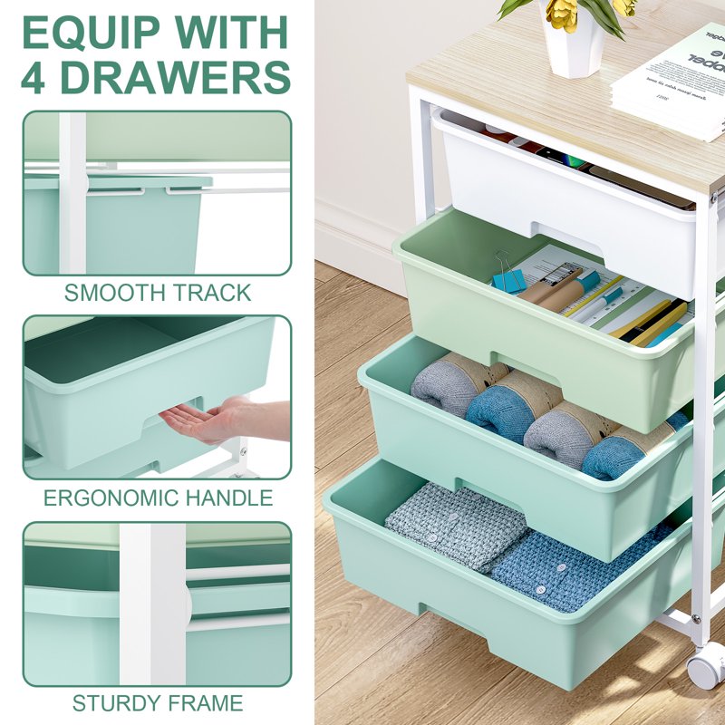 Rolling Storage Cart with 4 Drawers and Wooden Top - Multi-Purpose Organization