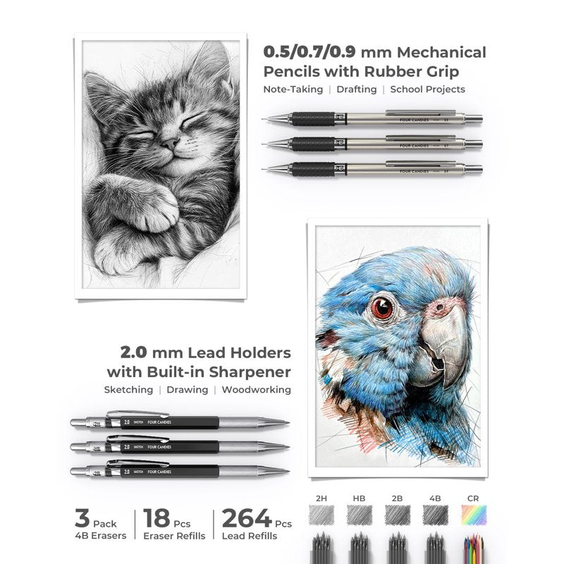 Four Candies 45-Piece Office Essentials Kit - Black Variation with Case, 6 Gel Pens, 6 Mechanical Pencils, 12 Highlighters