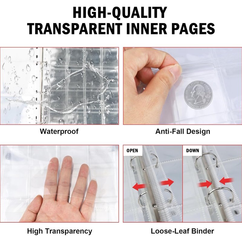 360 Pockets Coin & Currency Collection Book Holder with Zipper & Handle, Fireproof & Water-Resistant Album for Coins Banknotes