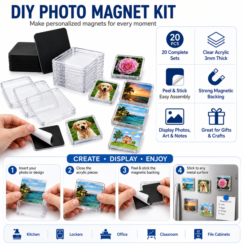 DIY Fridge Magnets Kit - Clear Acrylic Photo Magnet Making Set with Adhesive Backing