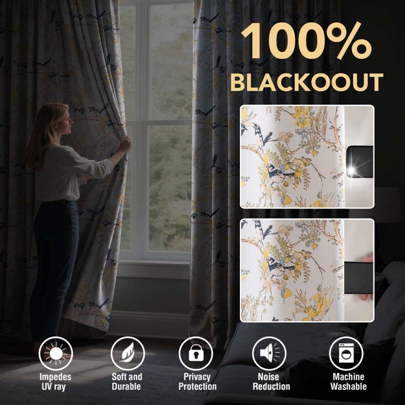 Blackout Floral Bird Printed Curtains - Grommet Window Drapes for Bedroom & Living Room, 52x84 Inches