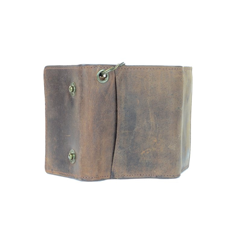 Men's RFID Blocking Leather Wallet with Chain - Tri-Fold Design, Brown Distressed Leather