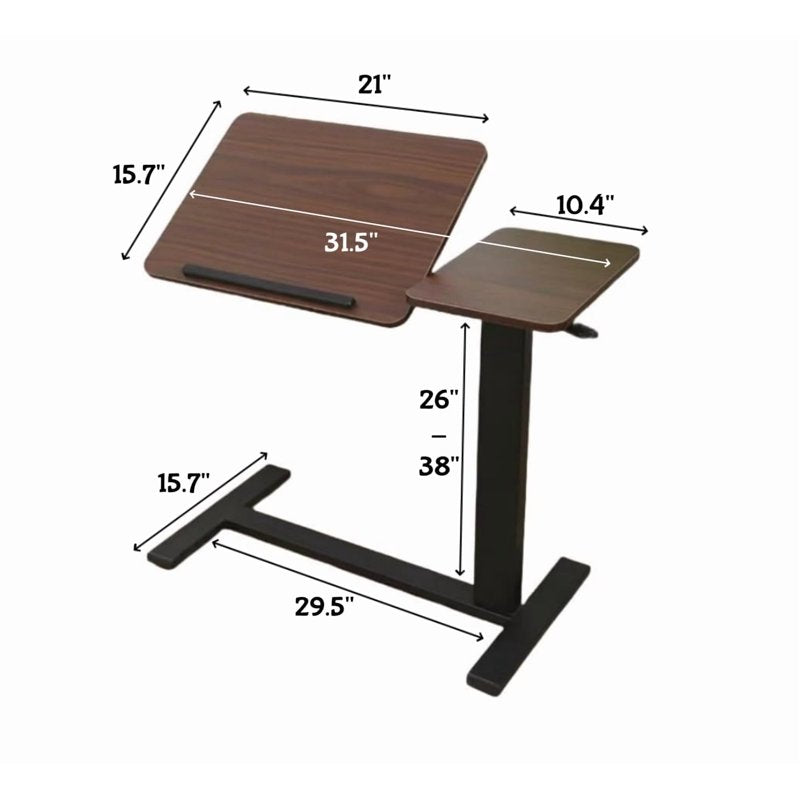 Overbed Table Folding Laptop Desk with Wheels - Walnut & Black, Height Adjustable, Tilting Bedside Table