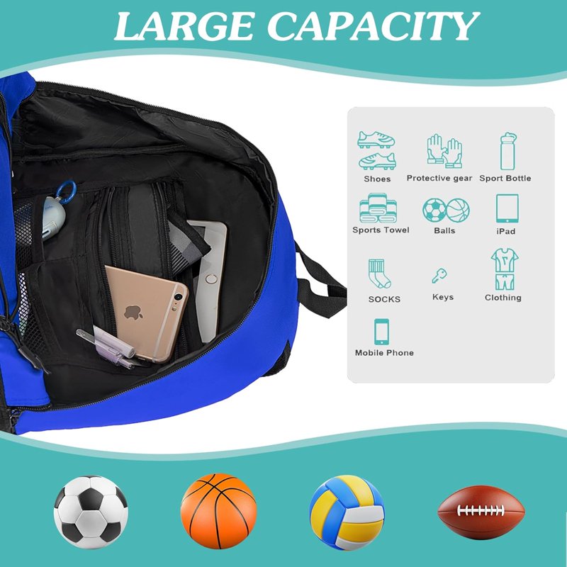 WOLT Youth Soccer Backpack Bag with Ball Holder - Polyester Blue (Variation: Blue)