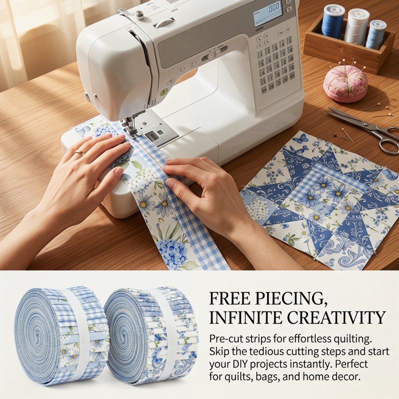 84-Piece Jelly Roll Fabric Strips Bundle for Quilting and Sewing - Blue Floral & Plaid Designs with Wavy Edges