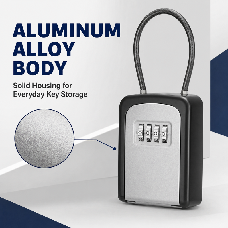Portable 4-Digit Combination Key Lock Box with Removable Cable, Wall Mount & Hanging Options