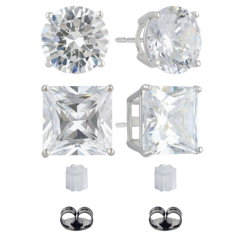Sterling Silver Simulated Diamond Earring Set - Round & Square Studs, 10mm