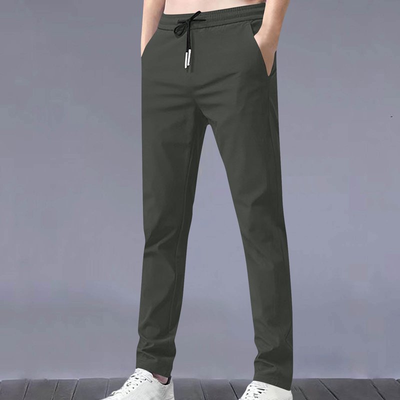 Men's Slim Straight Drawstring Pants with Pockets - Lightweight Casual Dress Pants
