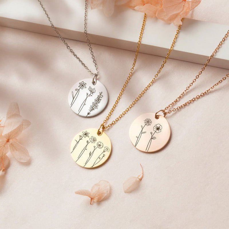 Personalized Birth Flower Necklace with Multiple Charms - Custom Family Gift for Mom