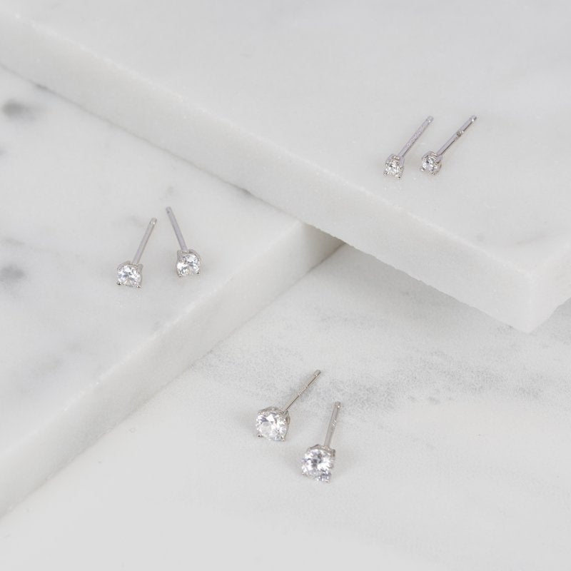 Sterling Silver Cubic Zirconia Stud Earrings Set - 3-Piece for Women & Teens