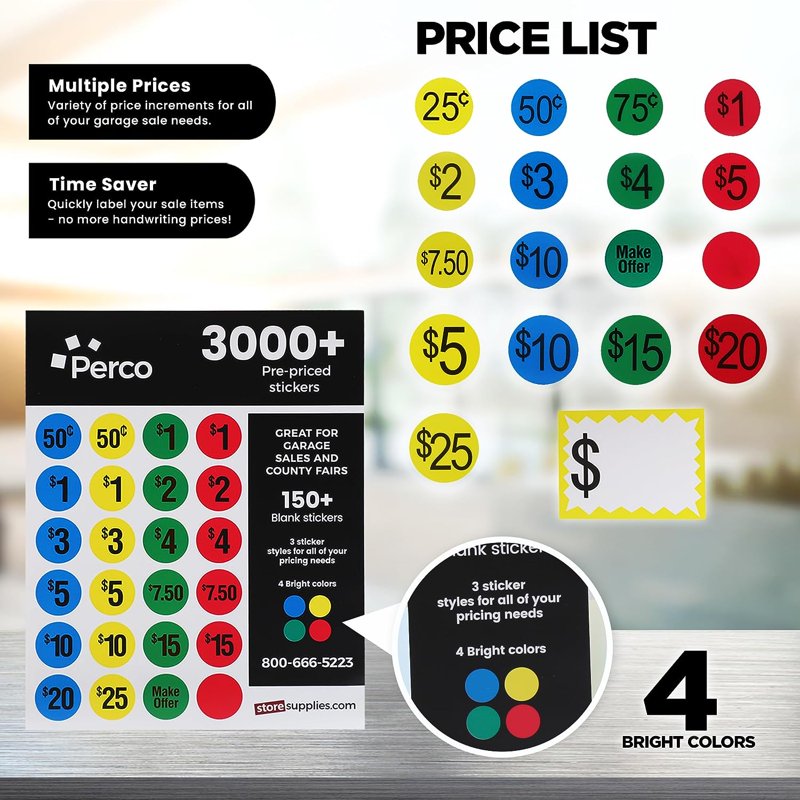 Garage Sale Price Stickers Set - 3000+ Pre-Priced & Blank Labels for Yard Sale Organization