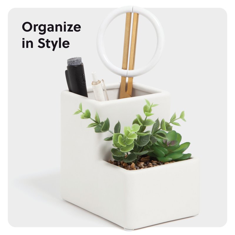 Ceramic Desktop Plant and Pencil Holder - White, 5.1 x 3.8 x 4.8 in.