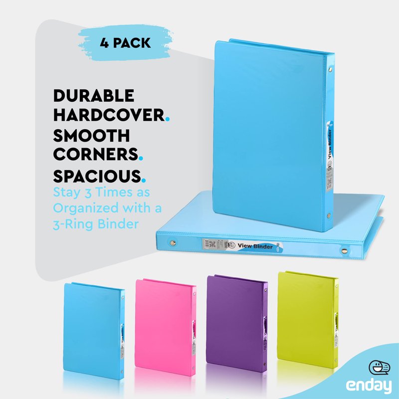 3-Ring View Binder 1/2 Inch Pack of 4 Assorted Colors Durable & Eco-Friendly
