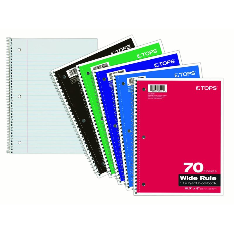 Wirebound 1-Subject Notebook - Wide Rule, 70 Sheets, Assorted Colors