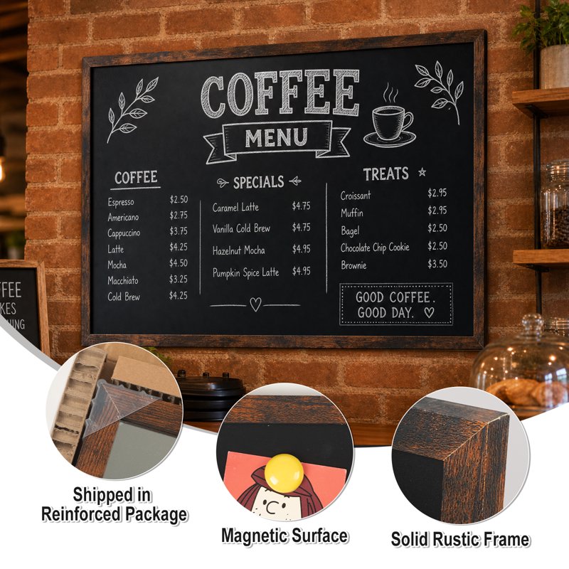 Magnetic Wall Chalkboard with Rustic Wood Frame, 36 x 24 Inches