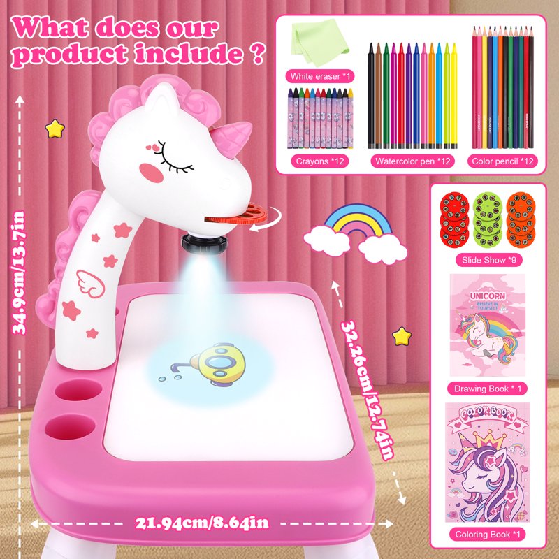 Kids Art Projector Kit with Drawing Supplies and Unicorn Design - Educational Craft Set for Children 3+