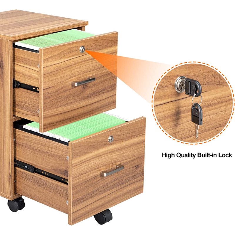 Rolling File Cabinet with Lock - 2 Drawer Wooden Mobile Storage for Office