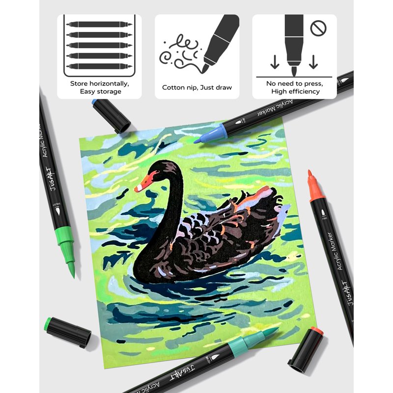 JusArt 24 Colors Dual Tip Acrylic Paint Pens – Black Barrel, Brush & Fine Tip