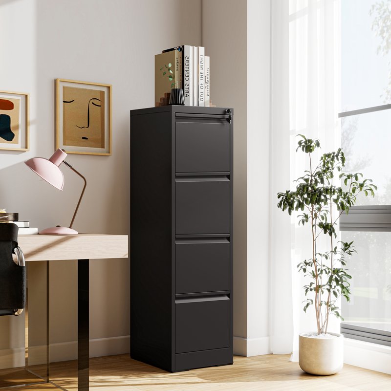 4-Drawer Locking Metal File Cabinet for Office Storage - Black