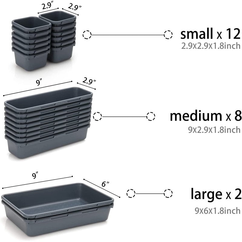 22 Pack Desk Drawer Organizer Set, Dark Grey, Multipurpose Storage