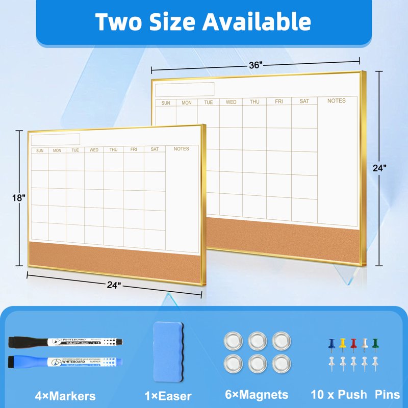 Magnetic Dry Erase Calendar Whiteboard Cork Board Combo 24x18 Wall Organizer