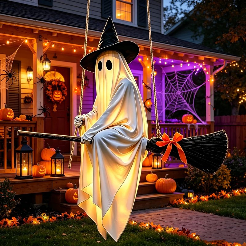 Halloween Light-Up Ghost Decorations Outdoor - 6 FT Spooky Hanging Ghost with Broomstick & Witch Hat